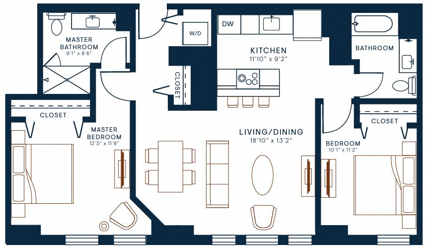 Floor plan for 2 beds, 2 baths, 1043 sqft